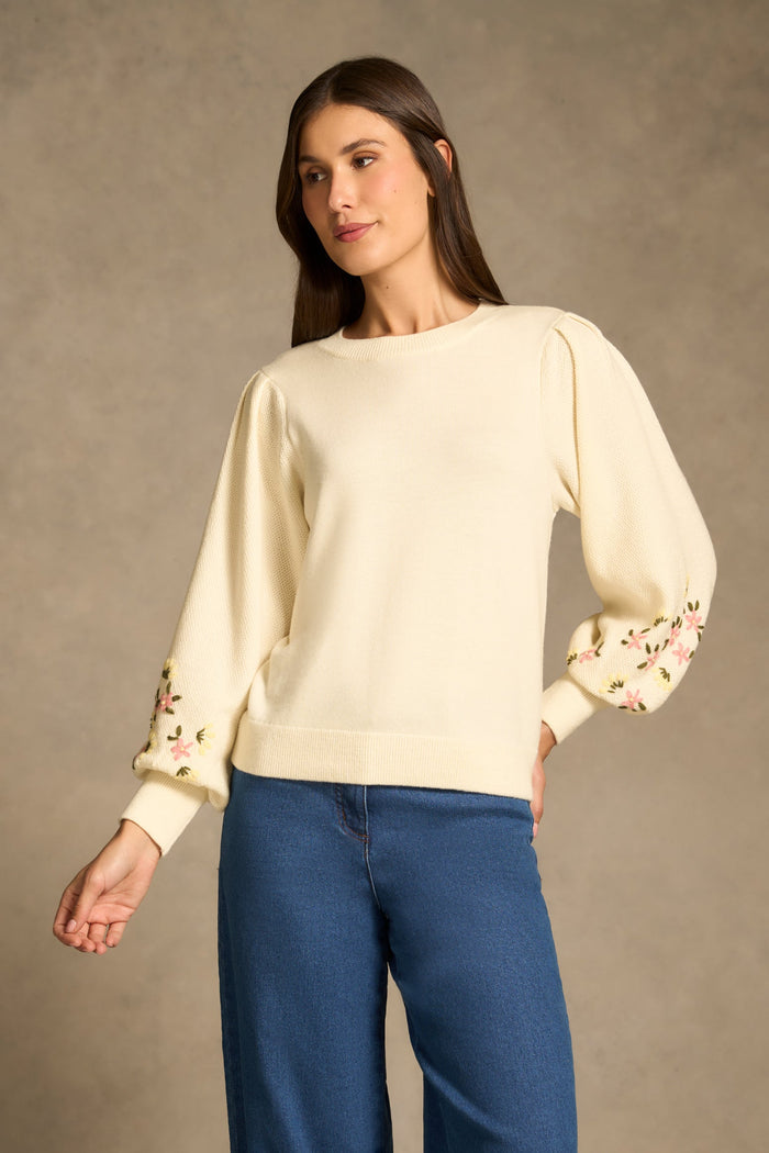 Embroidered Wool Jumper - Cream