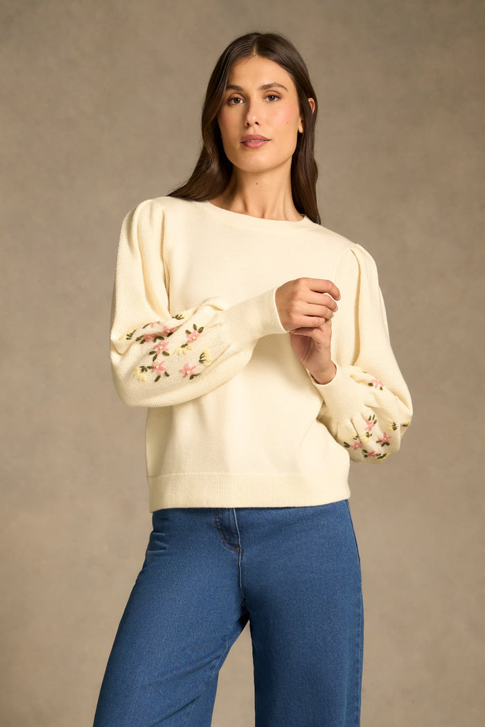 Embroidered Wool Jumper - Cream