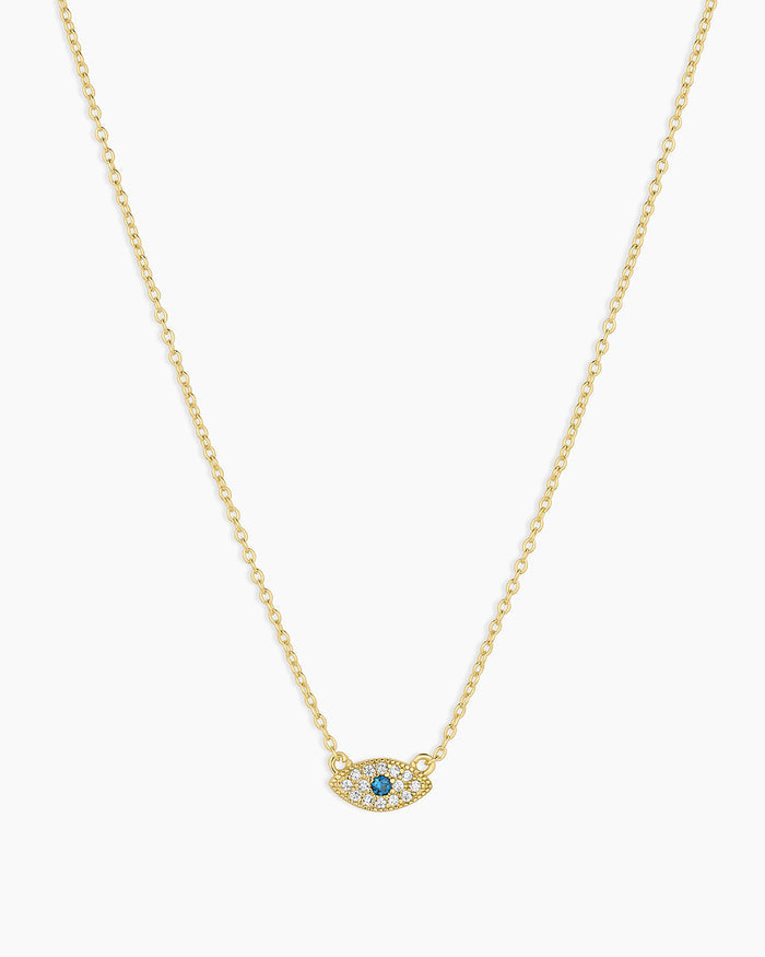 White CZ / London Blue Nanogem Evil Eye Charm Necklace necklace for protection || option:: 18K Gold Plated