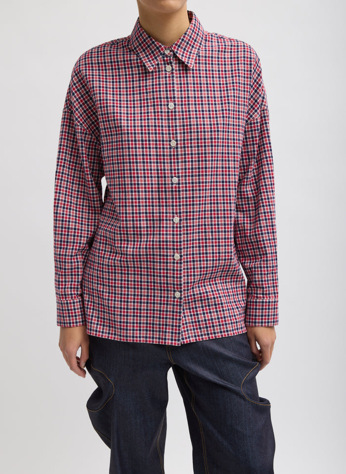 Red Multi Flannel Menswear Shirting Oversized Shirt - button down, front view on model