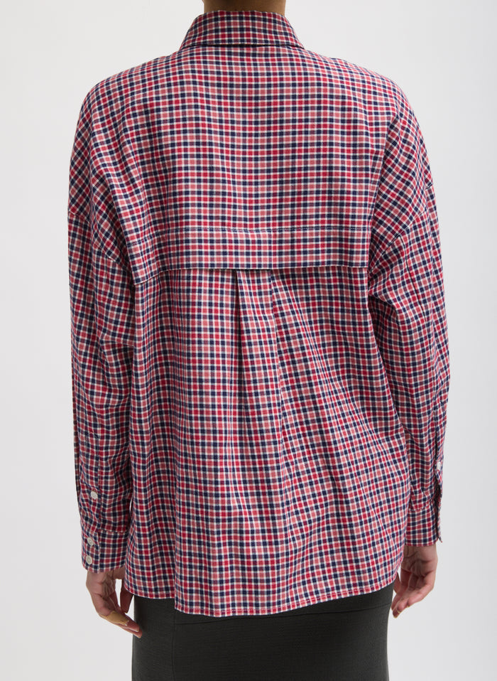Red Multi Flannel Menswear Shirting Oversized Shirt - button down, back view on model