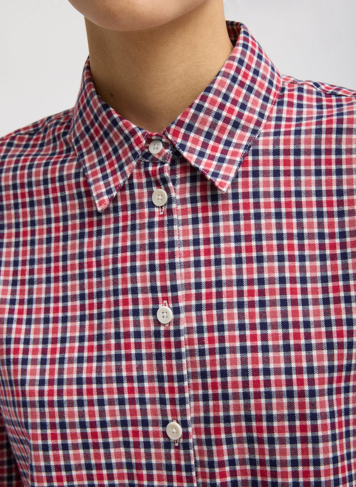 Red Multi Flannel Menswear Shirting Oversized Shirt - closeup of buttons and collared neckline