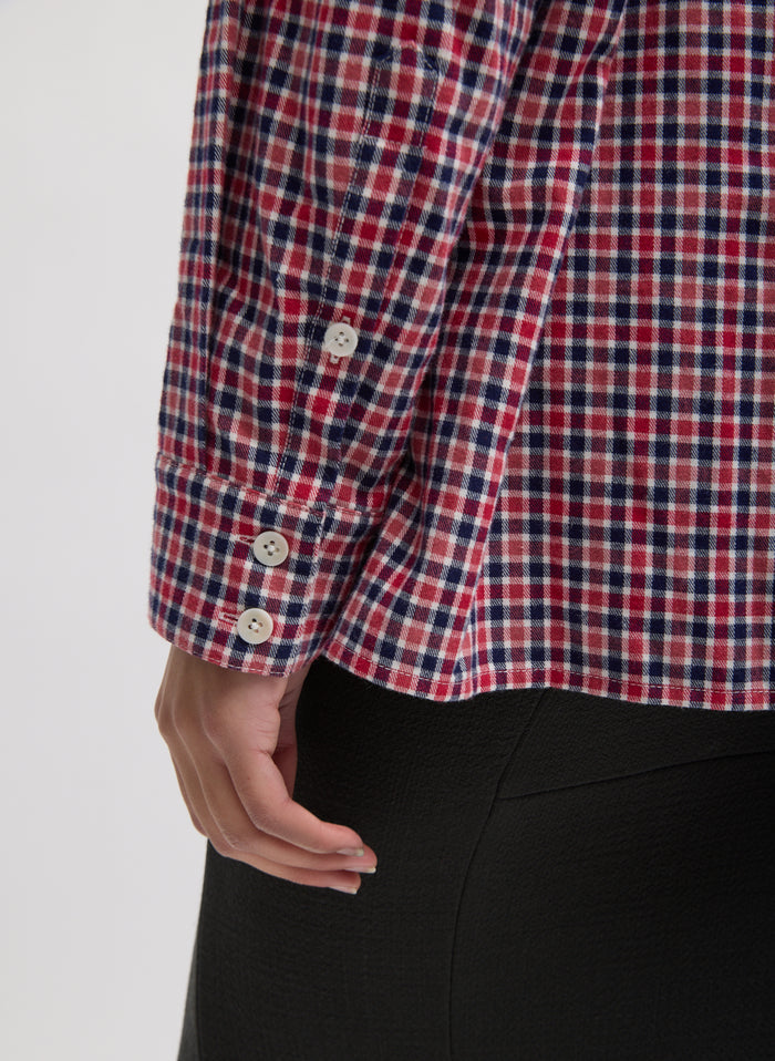 Red Multi Flannel Menswear Shirting Oversized Shirt - closeup of buttons at sleeve