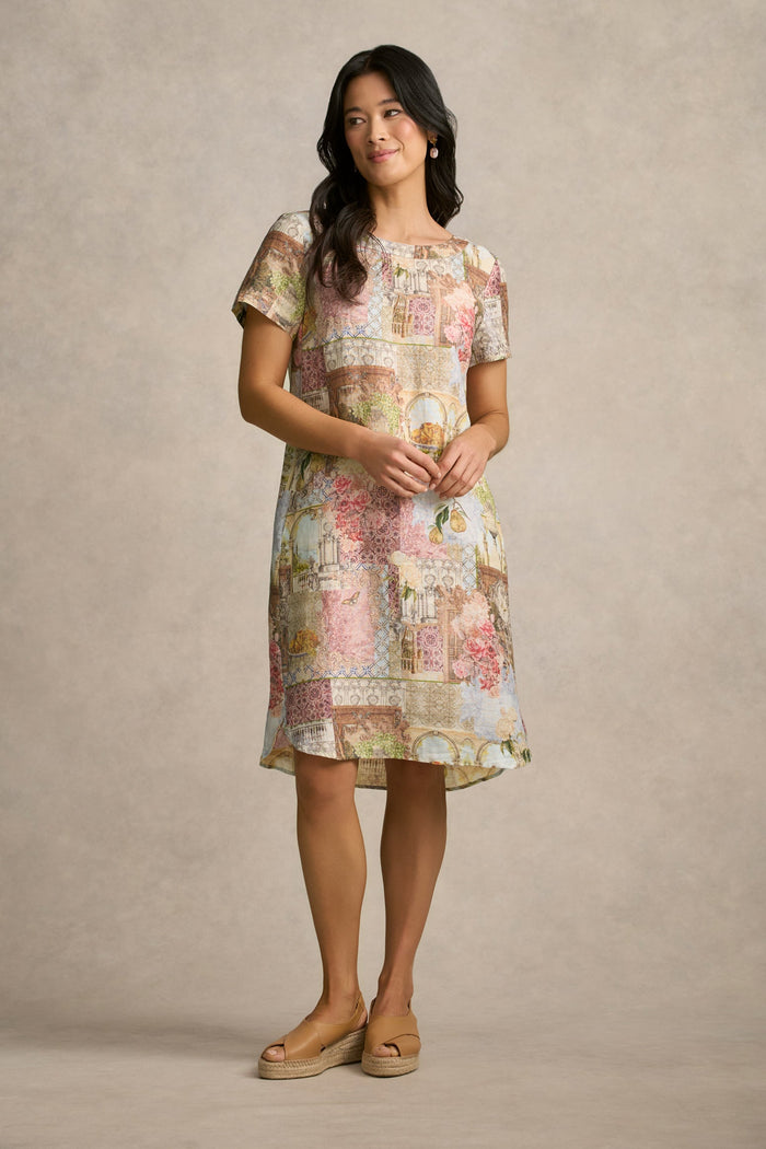 French Linen Shift Dress - Villa Fleurie Print