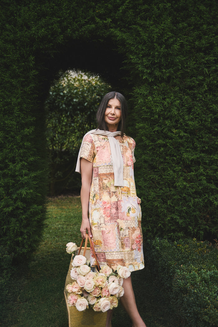 French Linen Shift Dress - Villa Fleurie Print