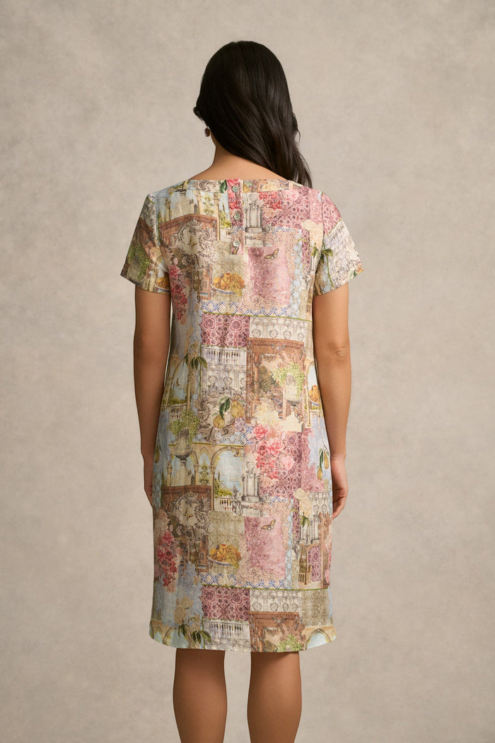 French Linen Shift Dress - Villa Fleurie Print