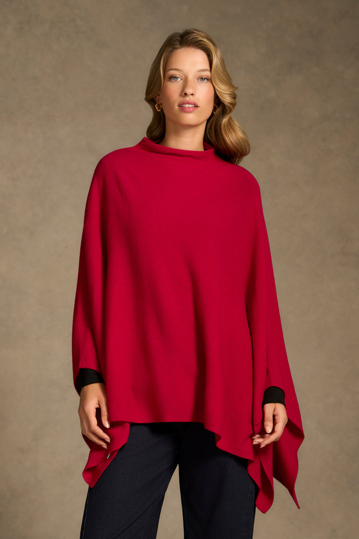 Funnel Neck Poncho - Red
