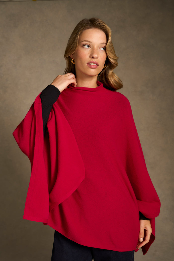 Funnel Neck Poncho - Red