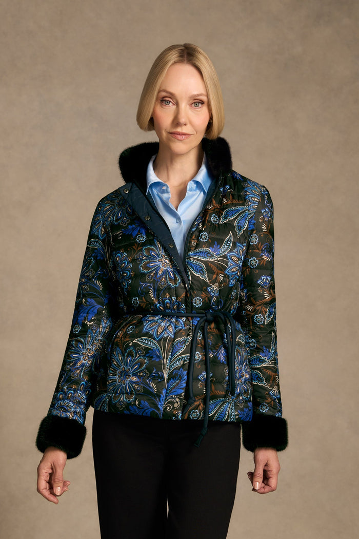 Fur Trim Reversible Puffer - Indigo Chintz Print