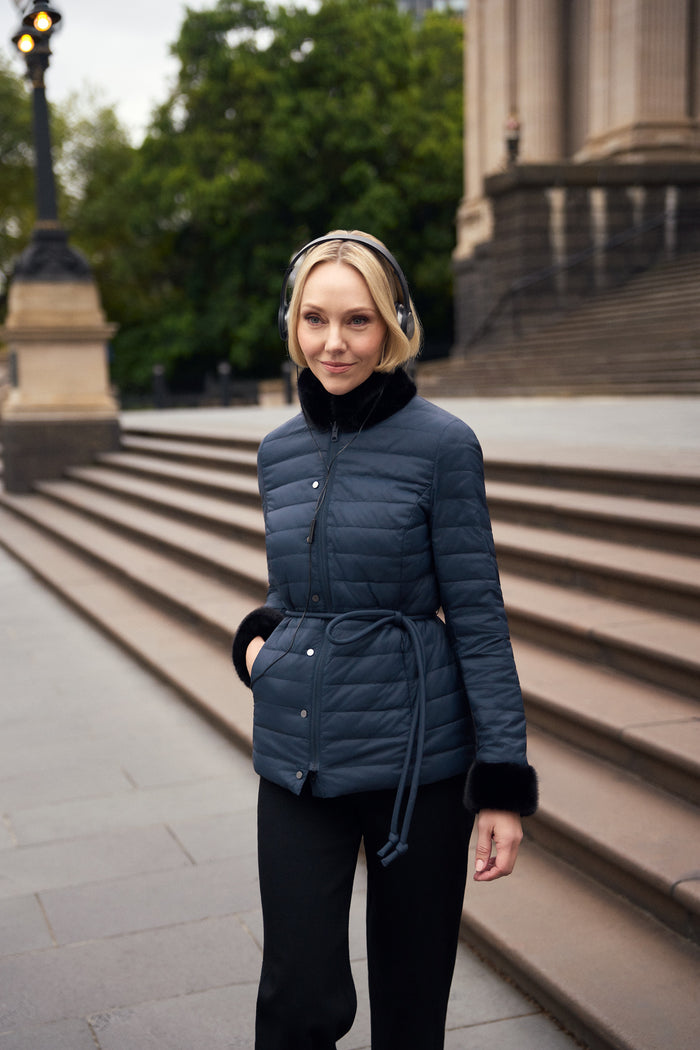 Fur Trim Reversible Puffer - Indigo Chintz Print