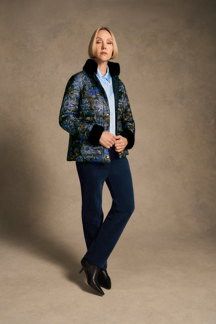 Fur Trim Reversible Puffer - Indigo Chintz Print