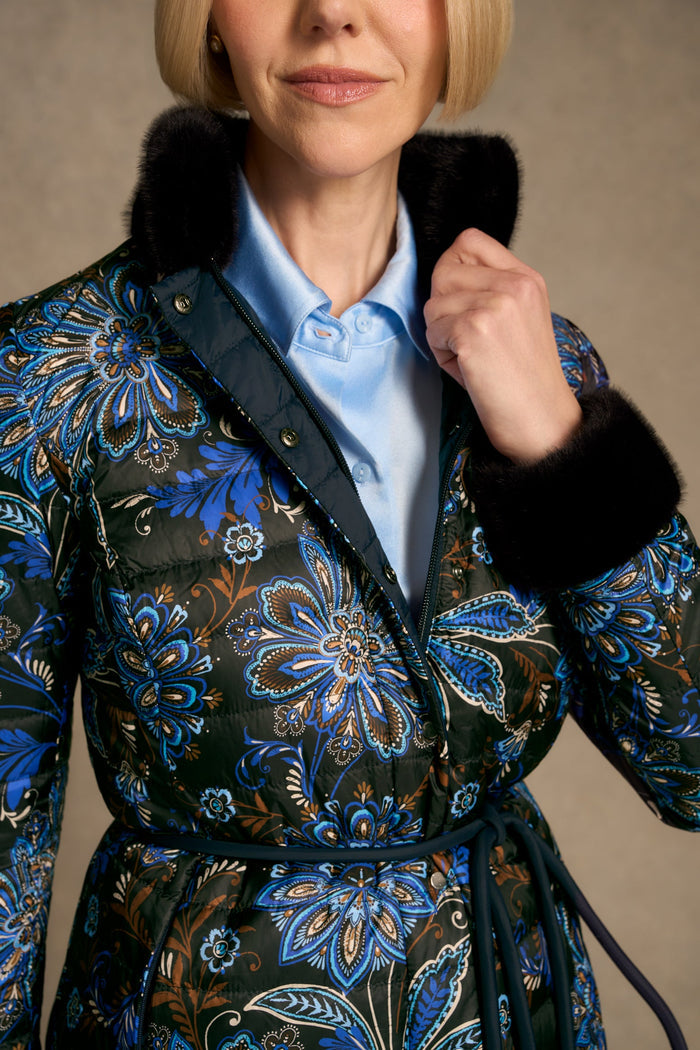 Fur Trim Reversible Puffer - Indigo Chintz Print