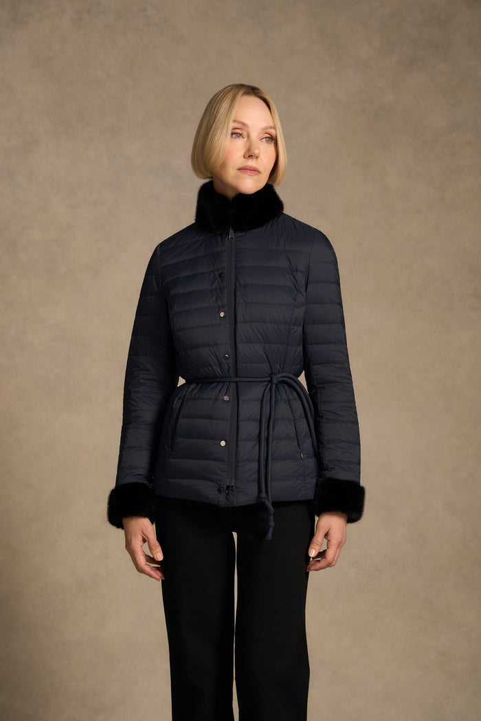 Fur Trim Reversible Puffer - Indigo Chintz Print