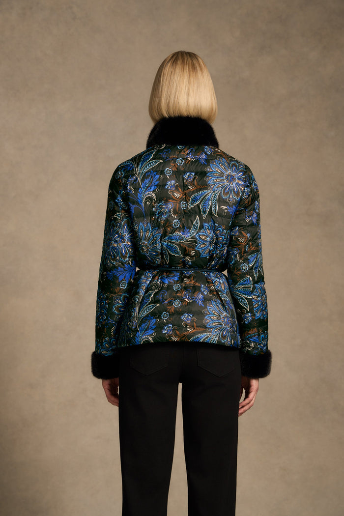 Fur Trim Reversible Puffer - Indigo Chintz Print