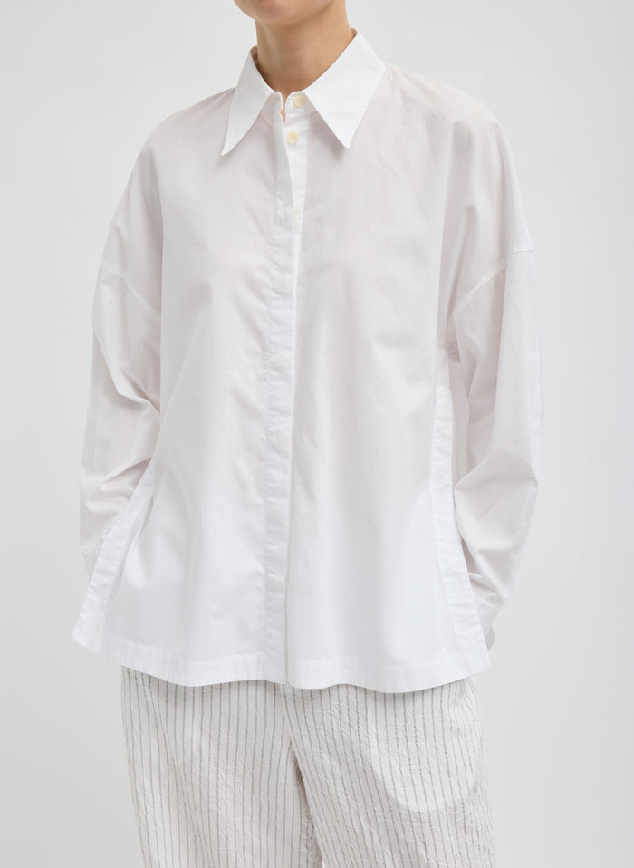 White Gabe Oversized Shirt - oversized button down, front view on model