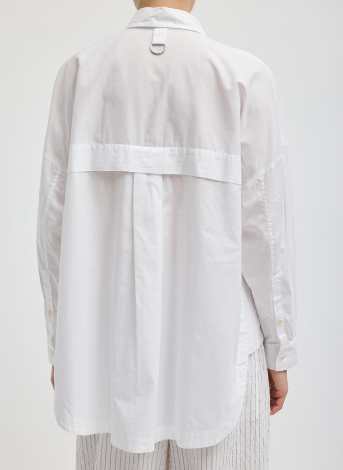 White Gabe Oversized Shirt - oversized button down, back view on model
