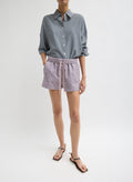 Mauve Striped Garment Dyed Seersucker Pull On Shorts - lounge shorts, front view on model