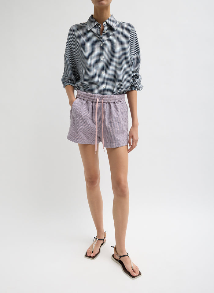 Mauve Striped Garment Dyed Seersucker Pull On Shorts - lounge shorts, front view on model