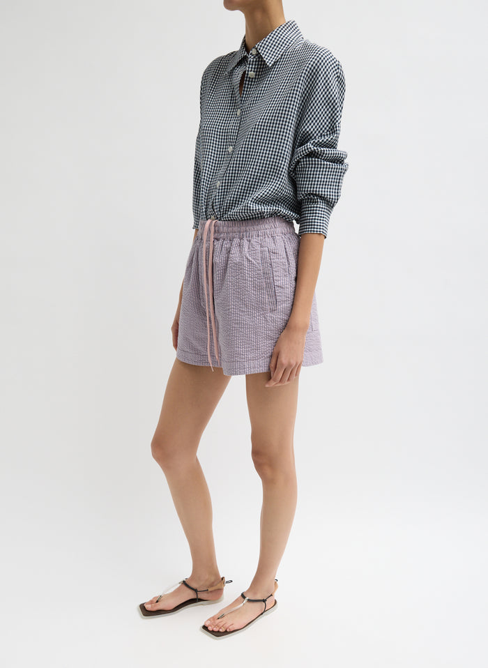 Mauve Striped Garment Dyed Seersucker Pull On Shorts - lounge shorts, side view on model