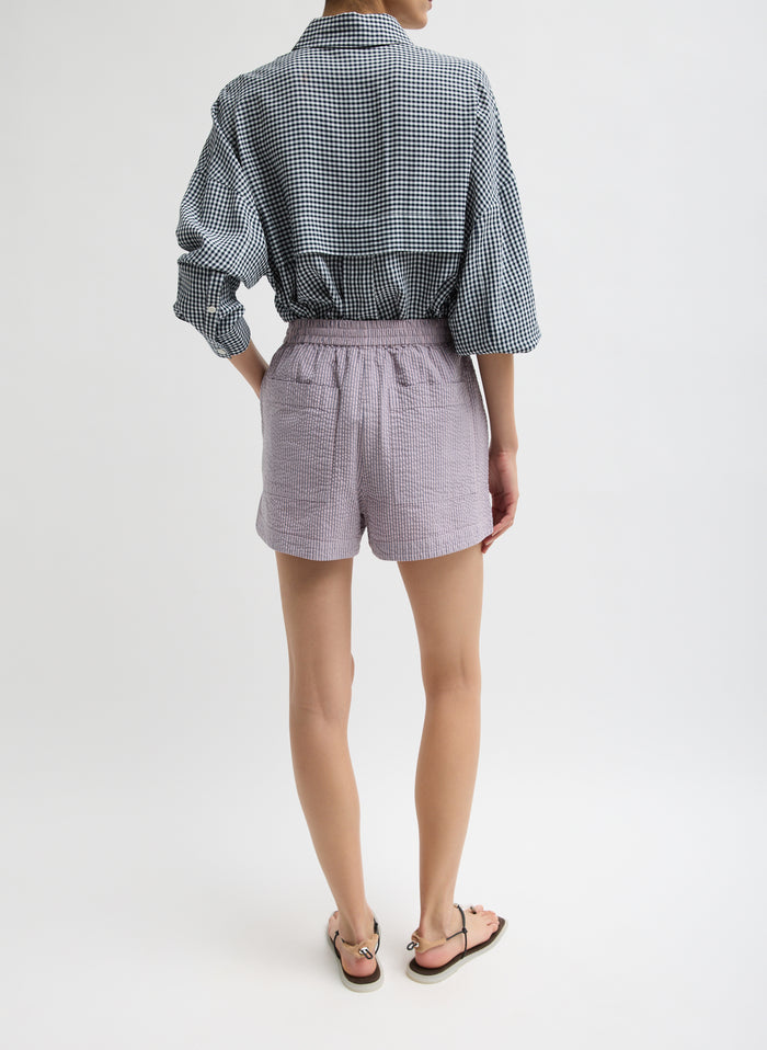 Mauve Striped Garment Dyed Seersucker Pull On Shorts - lounge shorts, back view on model