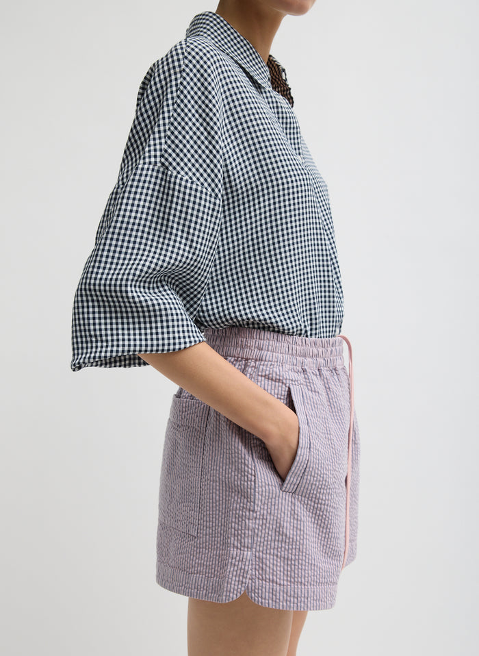 Mauve Striped Garment Dyed Seersucker Pull On Shorts - lounge shorts, side view on model