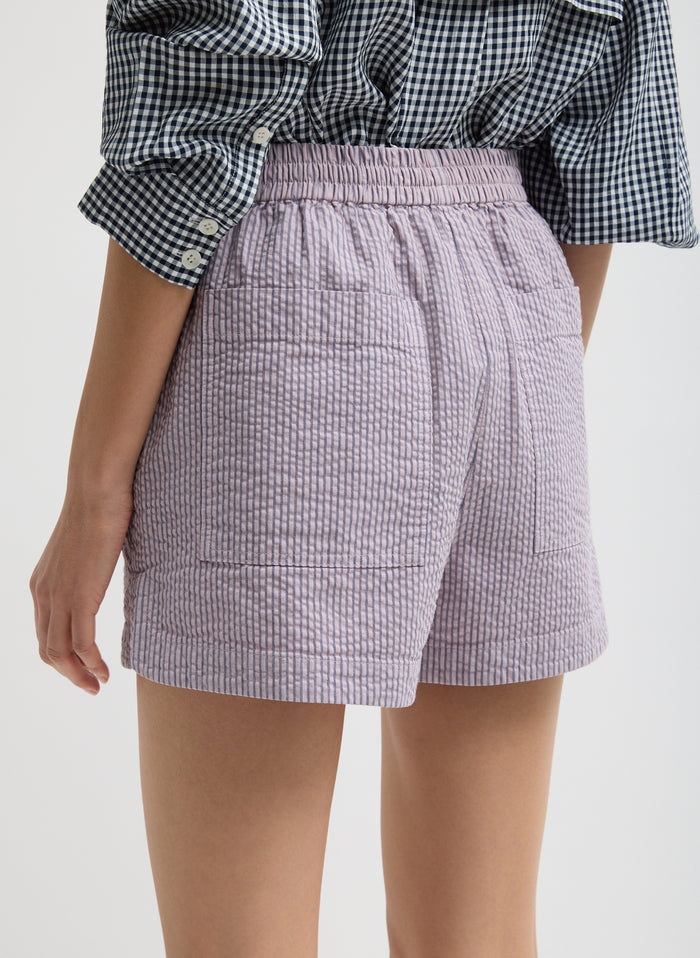 Mauve Striped Garment Dyed Seersucker Pull On Shorts - closeup of seersucker fabric and back pockets