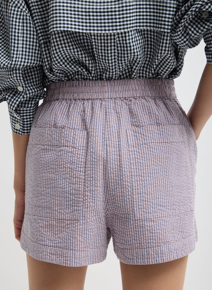 Mauve Striped Garment Dyed Seersucker Pull On Shorts - closeup of seersucker fabric and back pockets