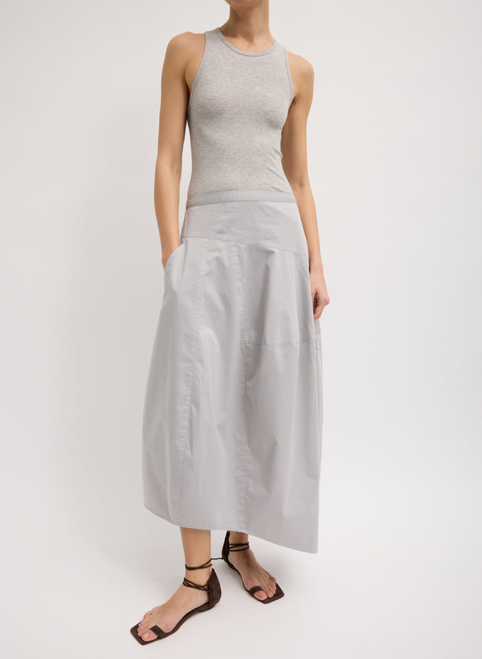 Grey Garment Dyed Silky Cotton Asymmetrical Balloon Skirt - full look, front view on model