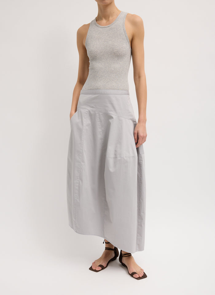 Grey Garment Dyed Silky Cotton Asymmetrical Balloon Skirt - full look, front view on model