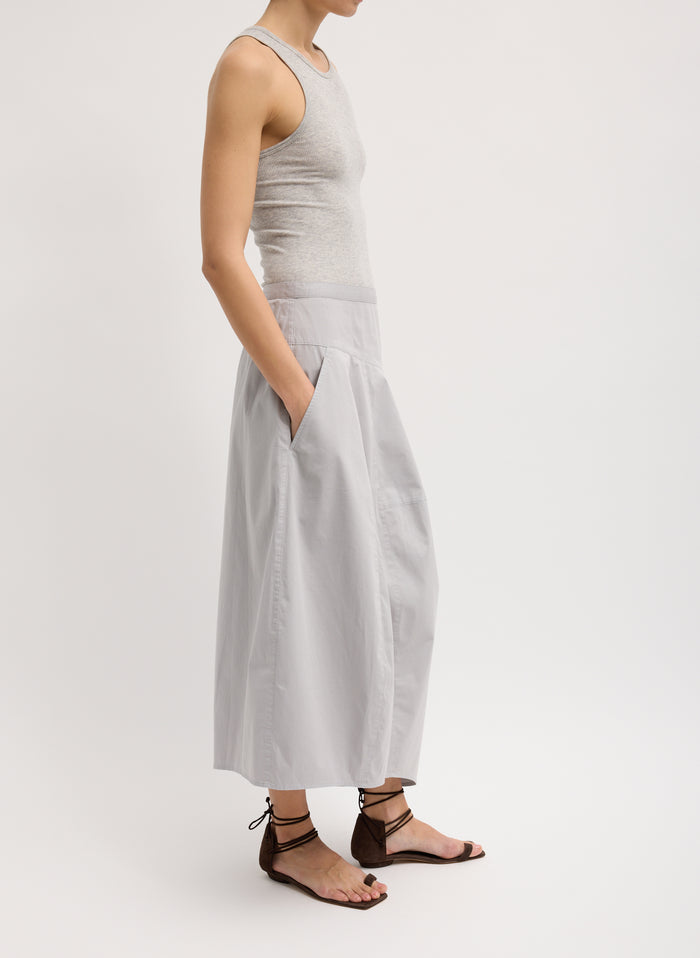 Grey Garment Dyed Silky Cotton Asymmetrical Balloon Skirt - full look, side view on model