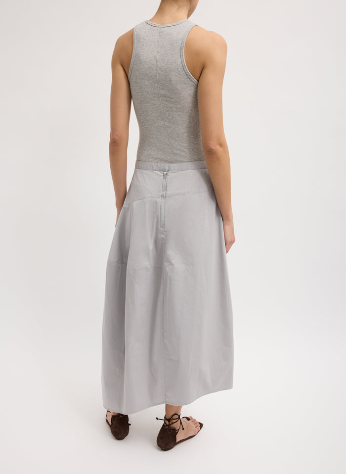 Grey Garment Dyed Silky Cotton Asymmetrical Balloon Skirt - full look, back view on model