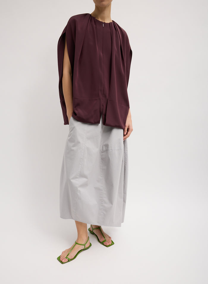 Grey Garment Dyed Silky Cotton Asymmetrical Balloon Skirt - full look, front view on model