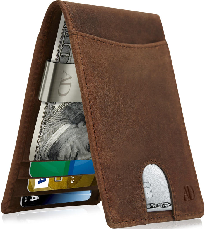 Genuine Leather Slim Money Clip Wallet – 7 Card Slots, RFID Blocking