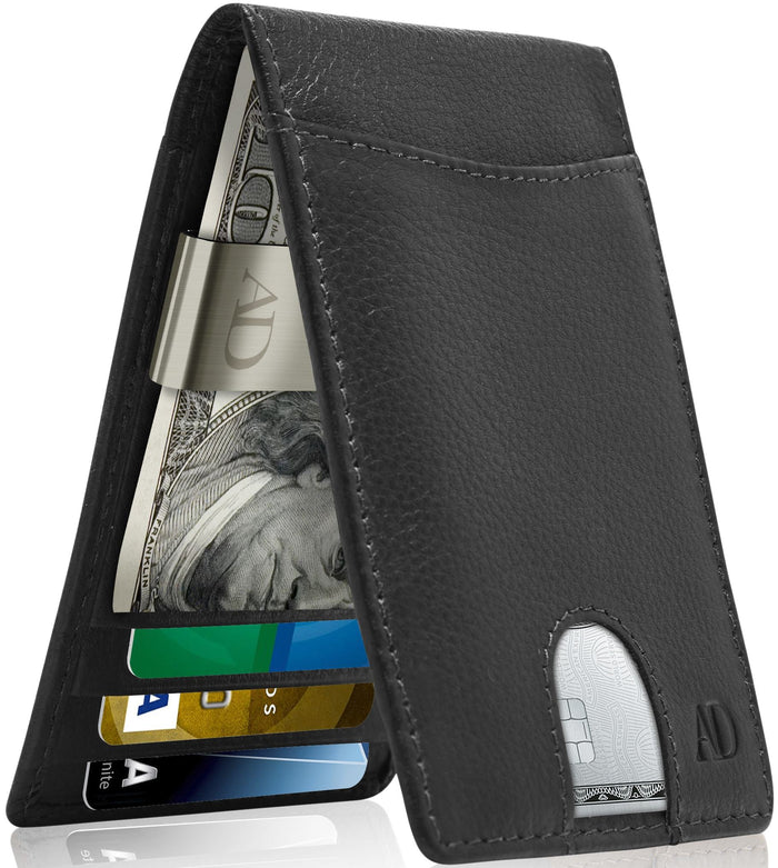 Genuine Leather Slim Money Clip Wallet – 7 Card Slots, RFID Blocking