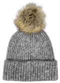 Hat-2074 Beanie with Faux Fur Pom Melange Grey