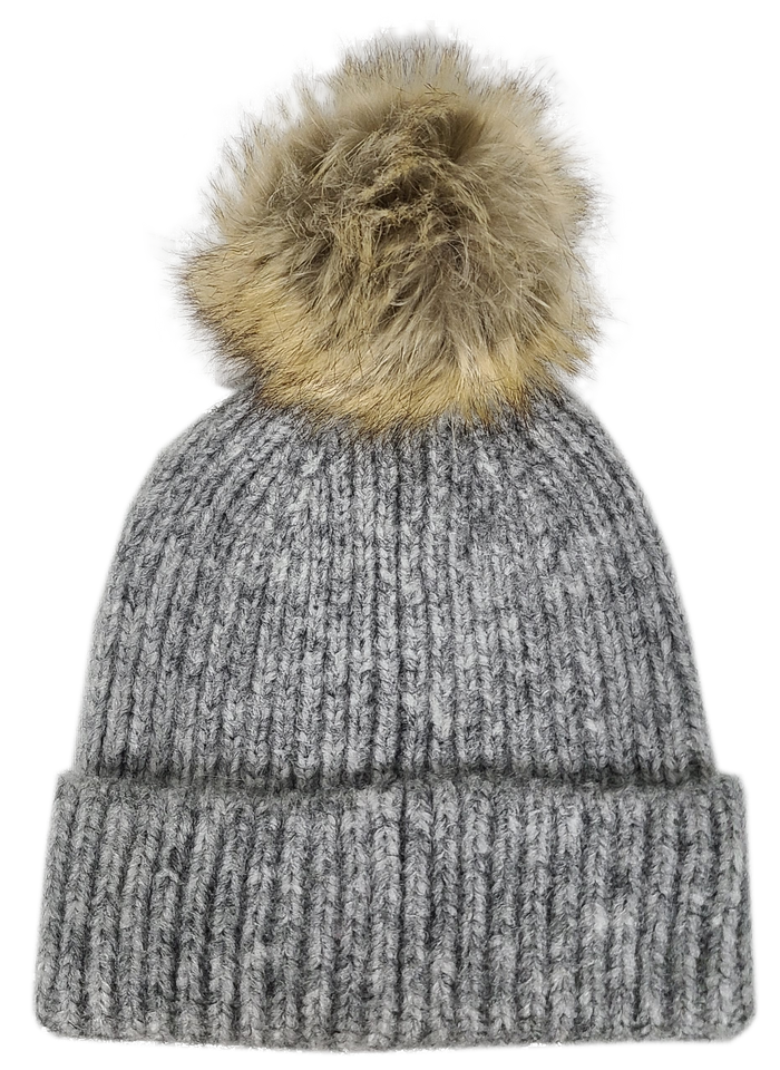 Hat-2074 Beanie with Faux Fur Pom Melange Grey