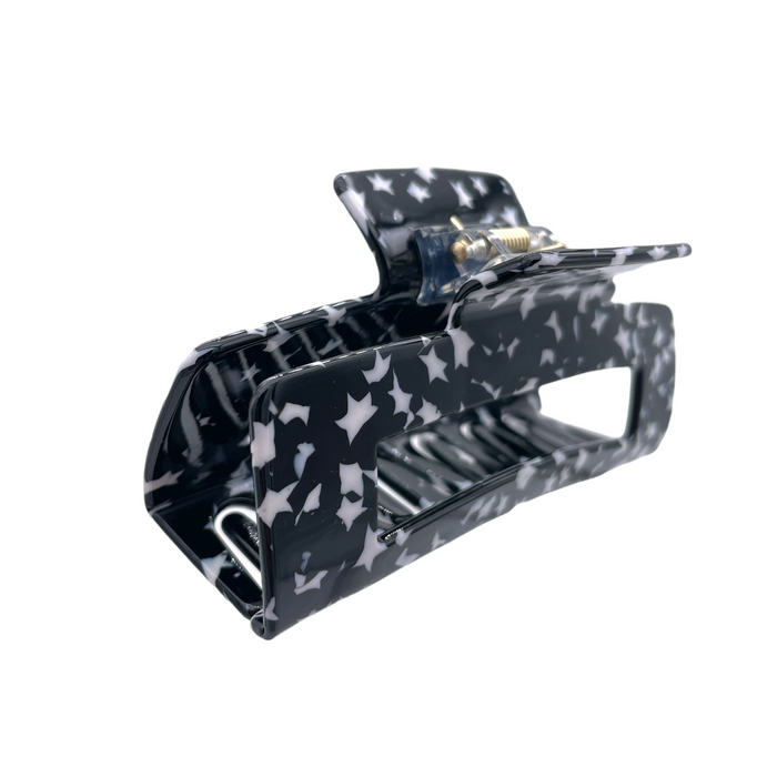 HCR-12M Large Rectangle Hair Clip-Black Wht Stars