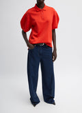 Dark Wash Indigo Barre Denim Knit Sid Jean - barrel leg, front view on model