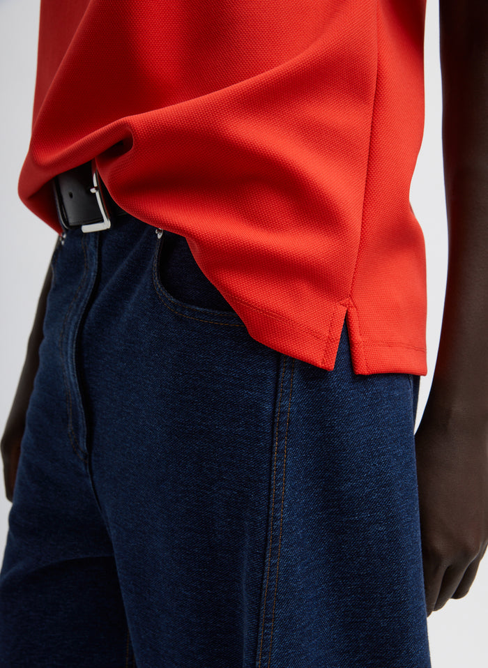 Dark Wash Indigo Barre Denim Knit Sid Jean - closeup of side pocket detail