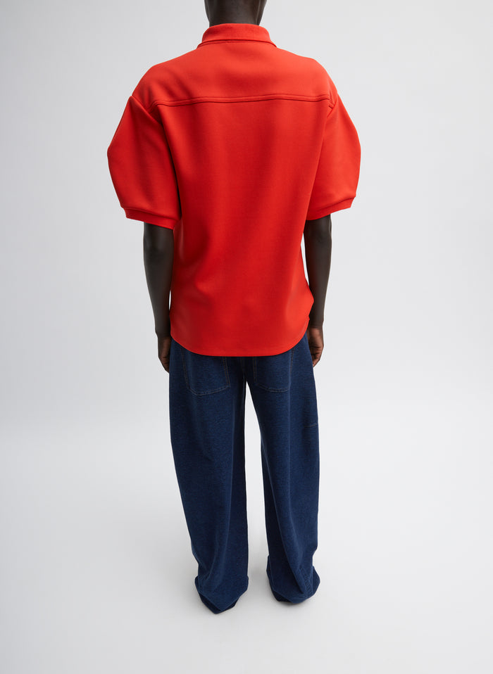 Dark Wash Indigo Barre Denim Knit Sid Jean - barrel leg, back view on model