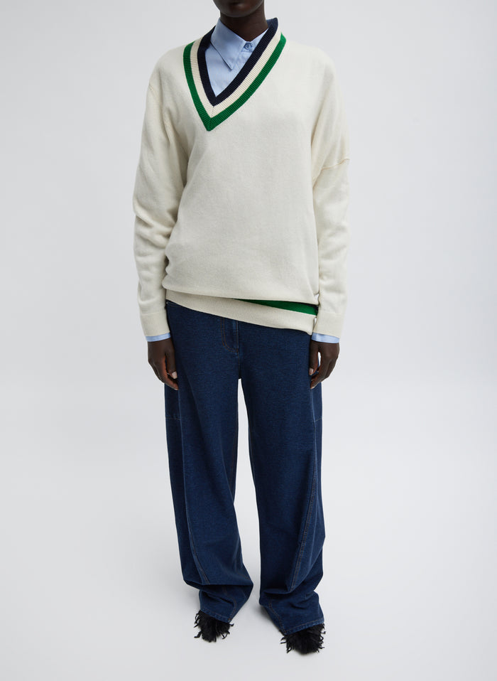 Dark Wash Indigo Barre Denim Knit Sid Jean - barrel leg, front view on model