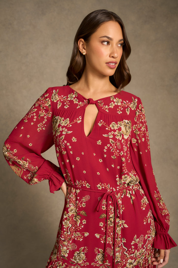 Knot Neck Midi Dress - Crimson Bloom Print