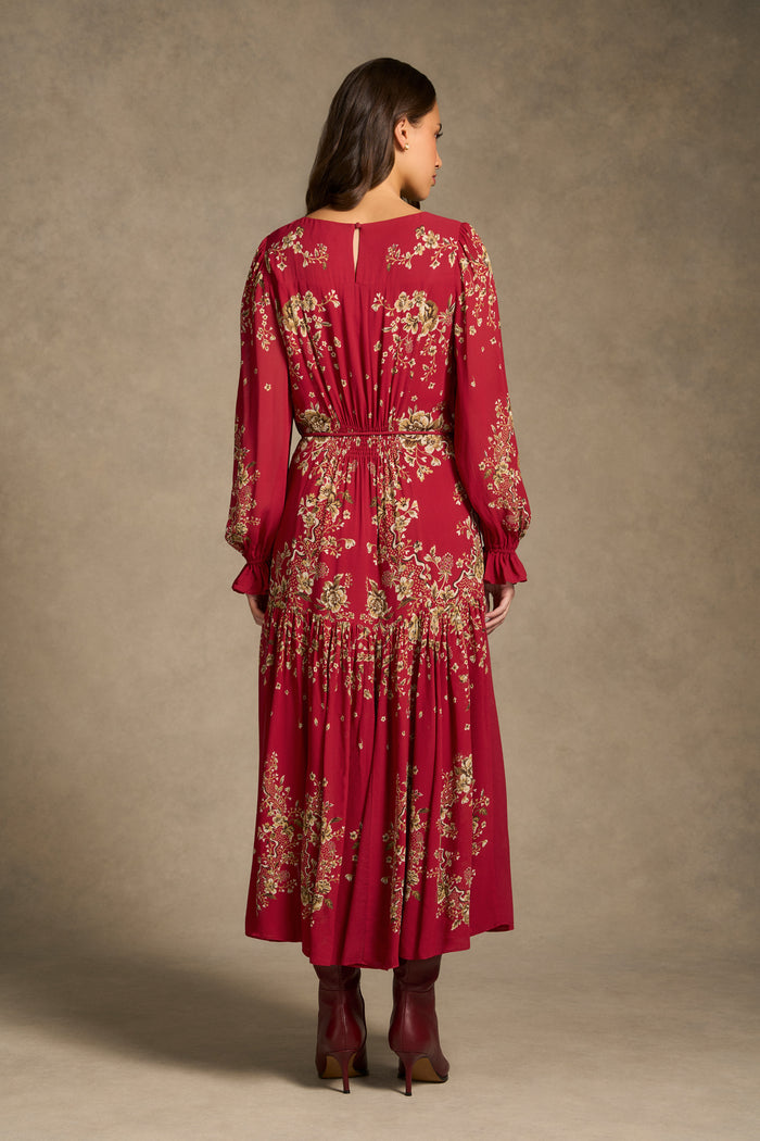 Knot Neck Midi Dress - Crimson Bloom Print