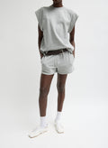 Heather Grey Light Weight Sweatshirting Short Shorts - lounge shorts, belted, front view on model