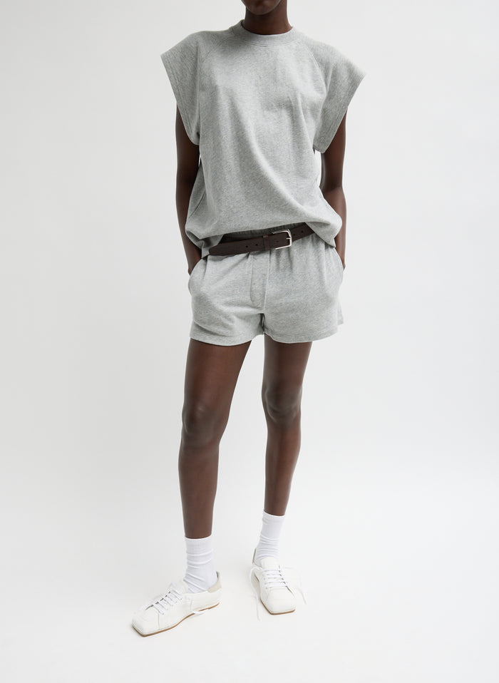 Heather Grey Light Weight Sweatshirting Short Shorts - lounge shorts, belted, front view on model