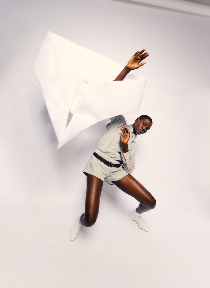 Heather Grey Light Weight Sweatshirting Short Shorts - editorial campaign on model