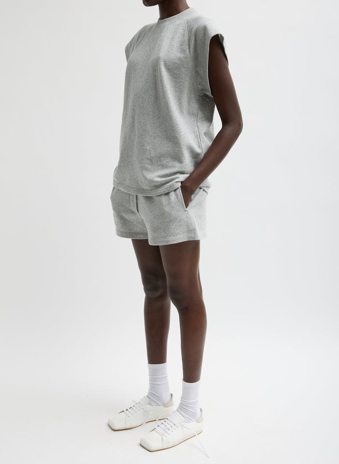 Heather Grey Light Weight Sweatshirting Short Shorts - lounge shorts, side view on model