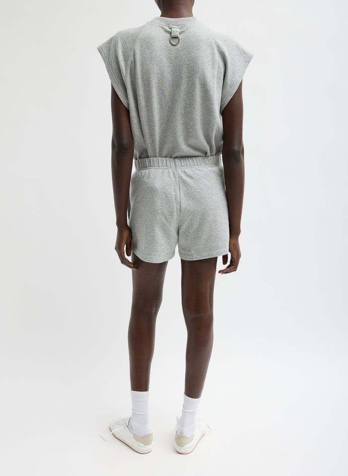 Heather Grey Light Weight Sweatshirting Short Shorts - lounge shorts, back view on model