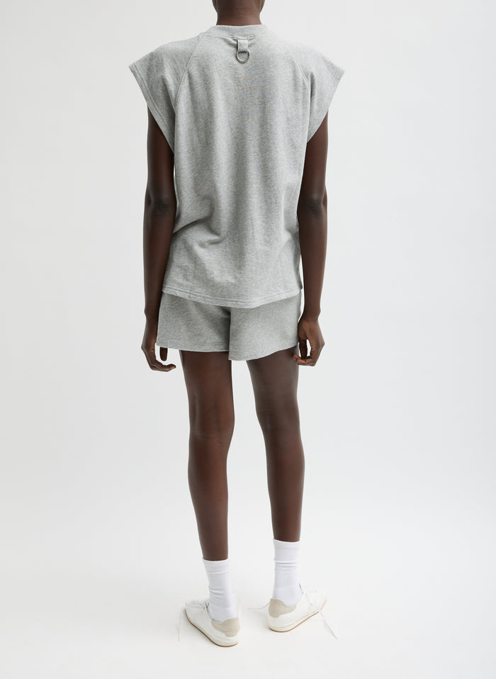 Heather Grey Light Weight Sweatshirting Short Shorts - lounge shorts, back view on model
