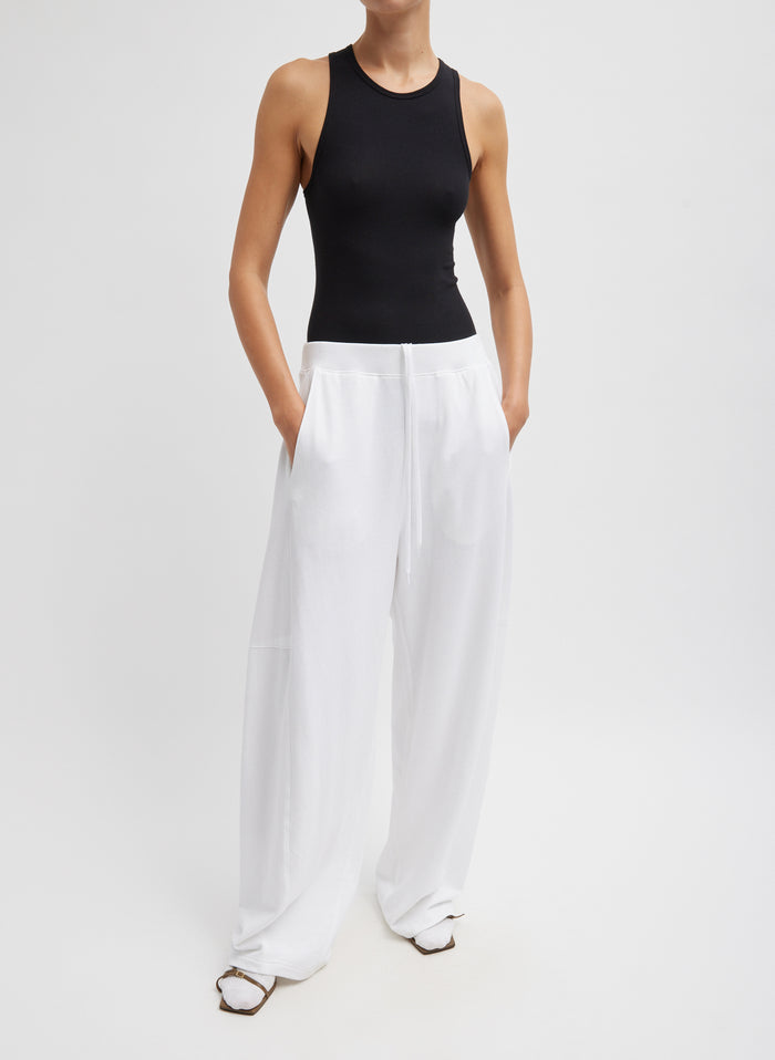 White Light Weight Sweatshirting Winslow Pant - barrel leg lounge pant, front view on model